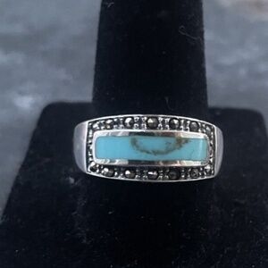 Sterling Silver Ring Band w/ Turquoise and Marcasite Size 8.5-9